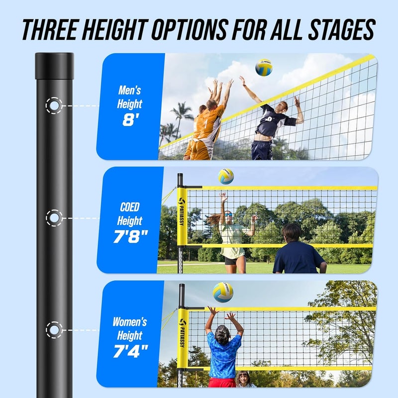 Patiassy Outdoor Volleyball Net System Portable and Easy Setup Adjustable Height Poles with Volleyball, Pump, Hammer, Boundary Line, and Carry Bag for Backyard, Beach, Lawn - Image 2